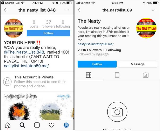 Perfiles de Instagram de The Nasty List